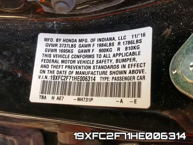 19XFC2F71HE006314 фото 2