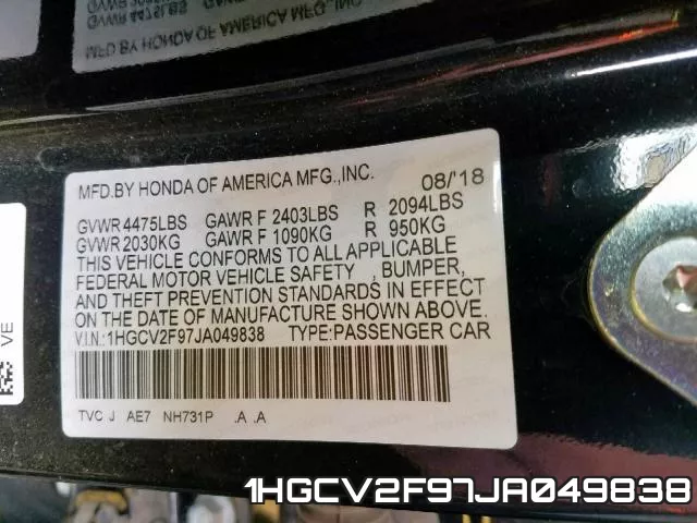1HGCV2F97JA049838 фото 2