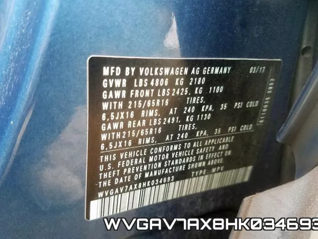 WVGAV7AX8HK034693 фото 2