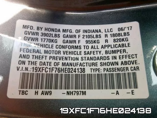 19XFC1F76HE024138 фото 2