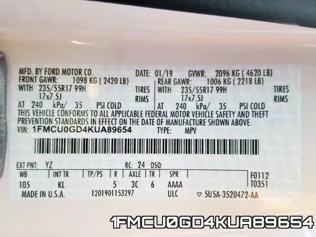 1FMCU0GD4KUA89654 фото 2