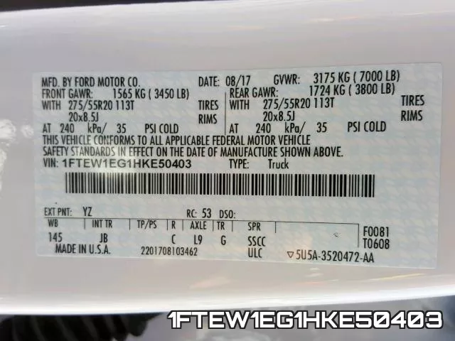 1FTEW1EG1HKE50403 фото 2