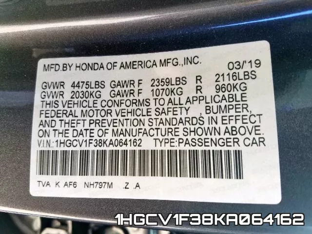 1HGCV1F38KA064162 фото 2