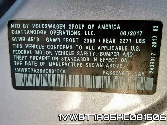 1VWBT7A35HC081506 фото 2