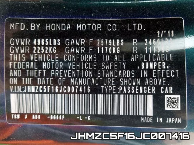JHMZC5F16JC007416 фото 2