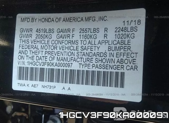 1HGCV3F90KA000097 фото 10
