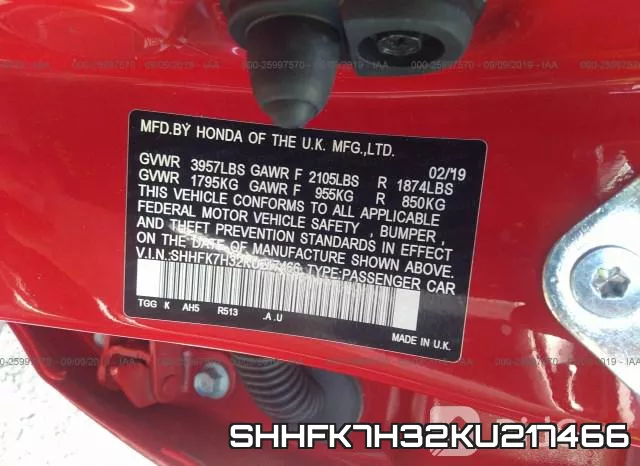 SHHFK7H32KU217466 фото 10