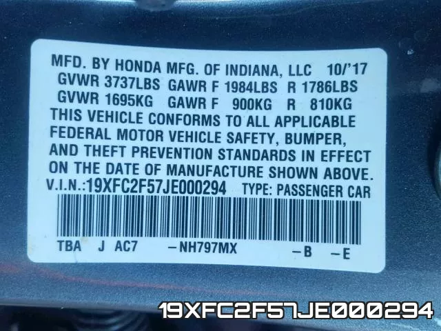 19XFC2F57JE000294 фото 2