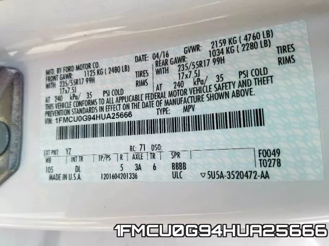 1FMCU0G94HUA25666 фото 2
