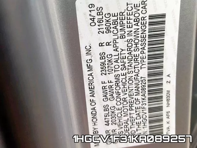 1HGCV1F31KA089257 фото 2