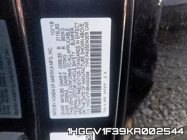 1HGCV1F39KA002544 фото 2