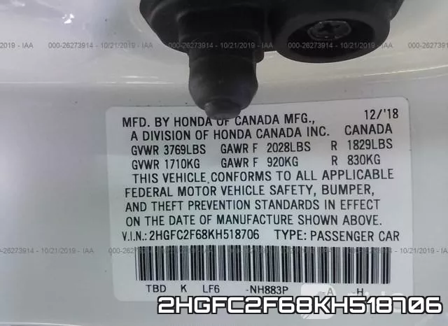 2HGFC2F68KH518706 фото 10