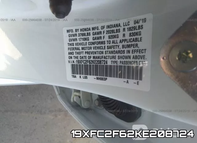 19XFC2F62KE208724 фото 9