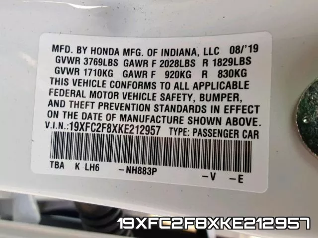 19XFC2F8XKE212957 фото 2