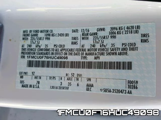 1FMCU0F76HUC49098 фото 2