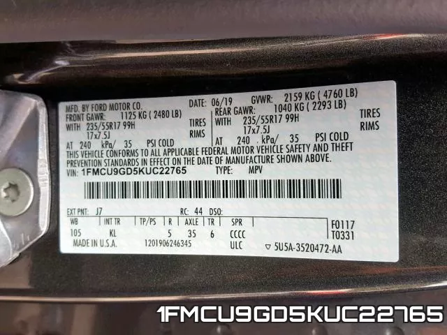 1FMCU9GD5KUC22765 фото 2