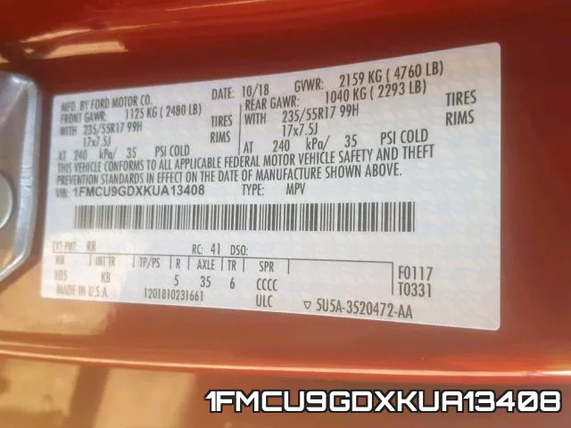 1FMCU9GDXKUA13408 фото 2