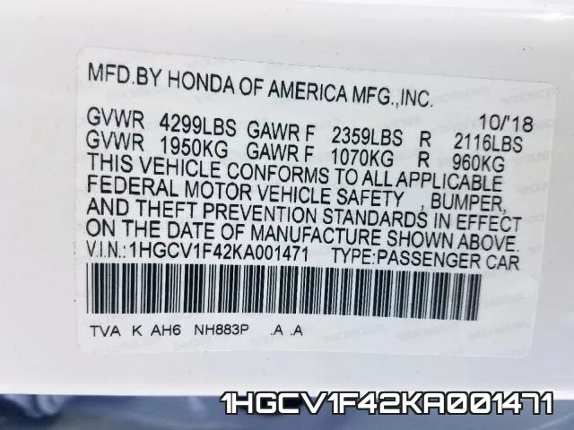 1HGCV1F42KA001471 фото 2
