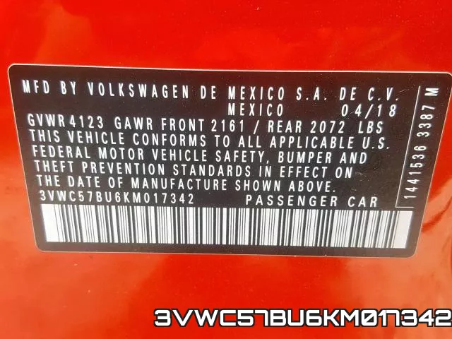 3VWC57BU6KM017342 фото 2