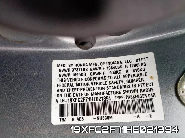 19XFC2F71HE021394 фото 2