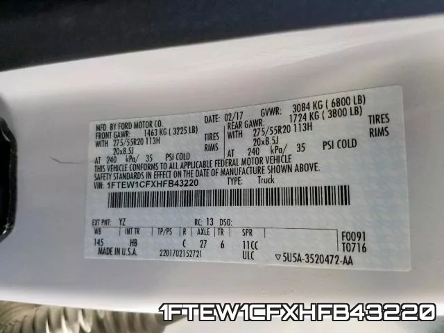 1FTEW1CFXHFB43220 фото 2