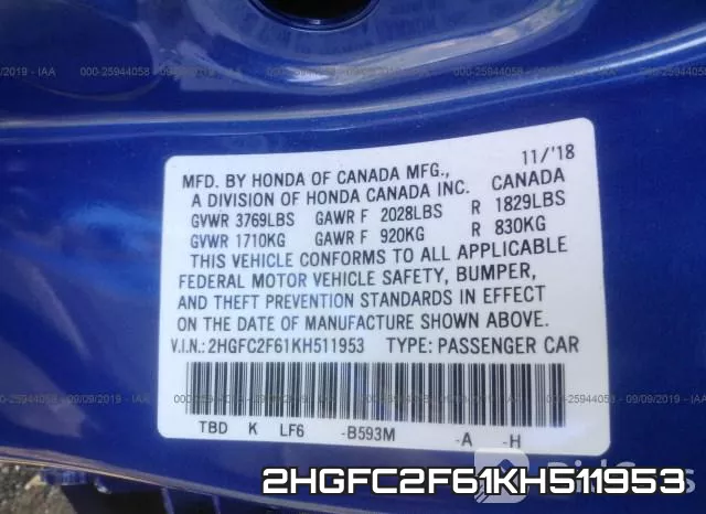 2HGFC2F61KH511953 фото 10