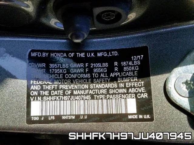 SHHFK7H97JU407945 фото 2
