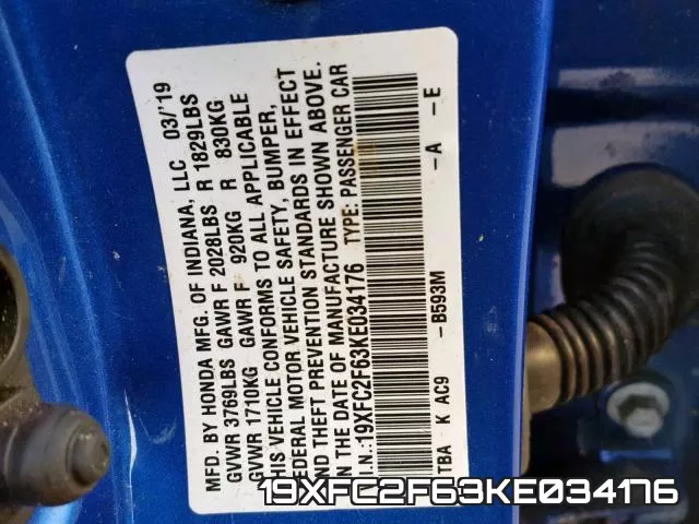 19XFC2F63KE034176 фото 2