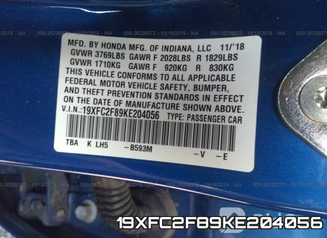 19XFC2F89KE204056 фото 10