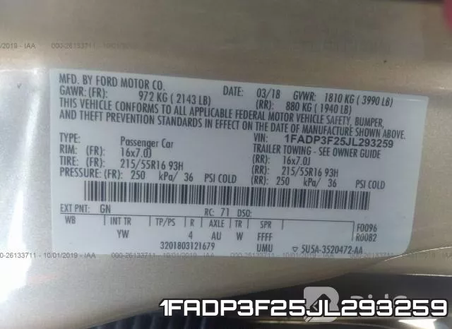 1FADP3F25JL293259 фото 9