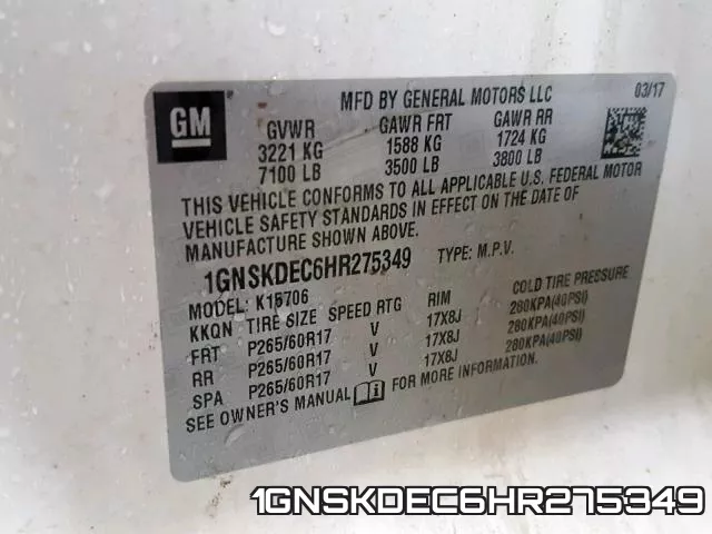 1GNSKDEC6HR275349 фото 2