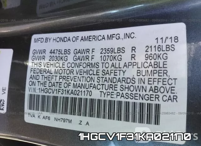 1HGCV1F31KA021170 фото 10