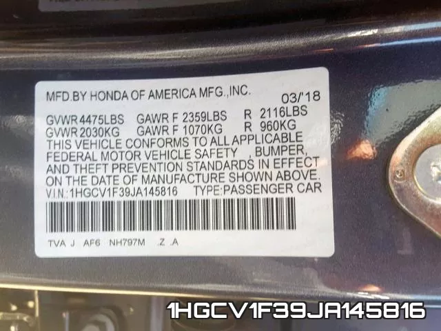 1HGCV1F39JA145816 фото 2