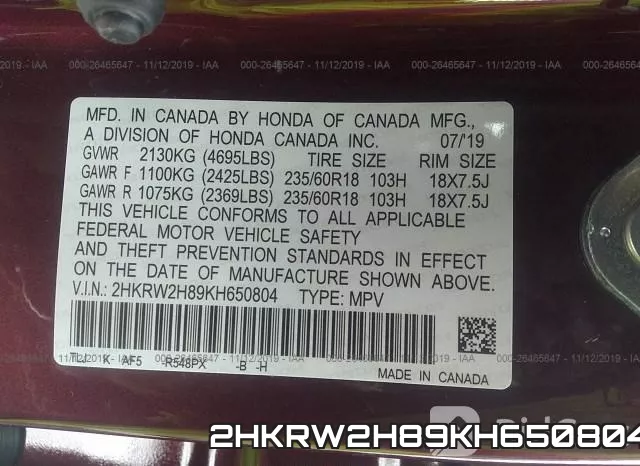 2HKRW2H89KH650804 фото 10