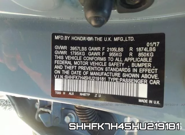 SHHFK7H45HU219181 фото 10