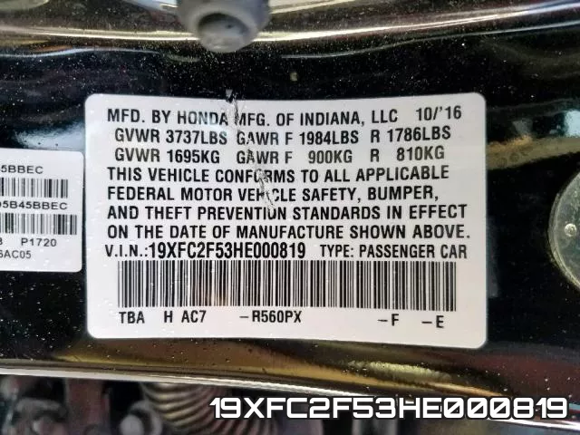 19XFC2F53HE000819 фото 2