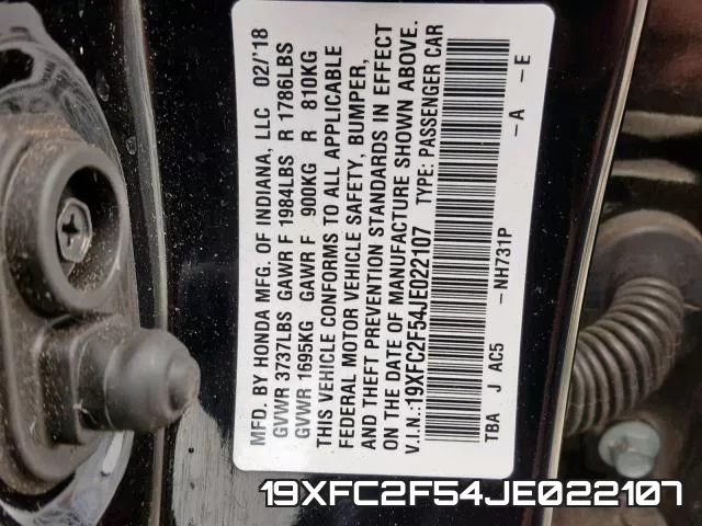 19XFC2F54JE022107 фото 2