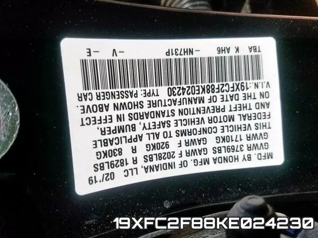 19XFC2F88KE024230 фото 2