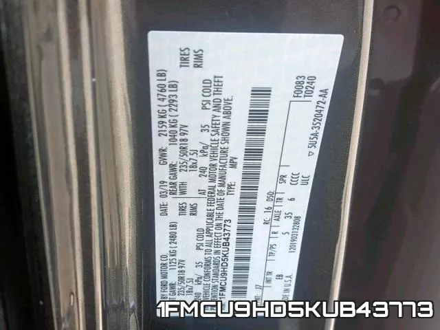 1FMCU9HD5KUB43773 фото 2