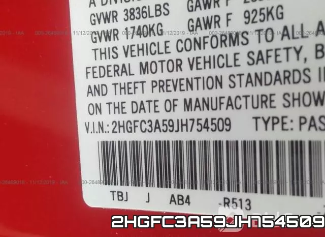 2HGFC3A59JH754509 фото 10
