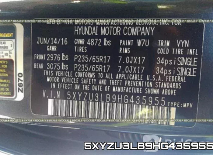 5XYZU3LB9HG435955 фото 10