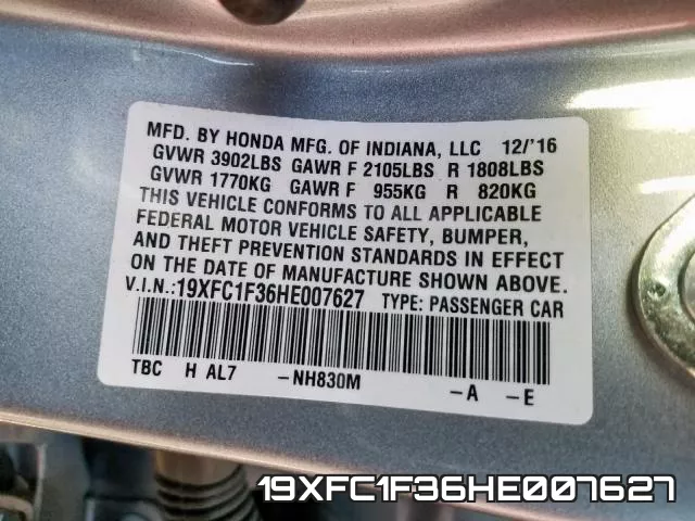 19XFC1F36HE007627 фото 2