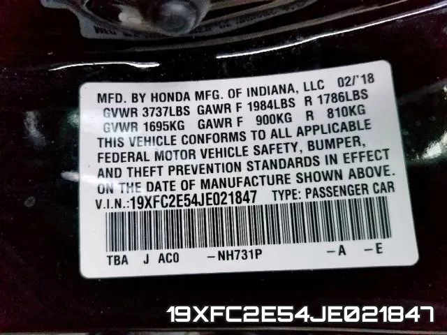 19XFC2E54JE021847 фото 2
