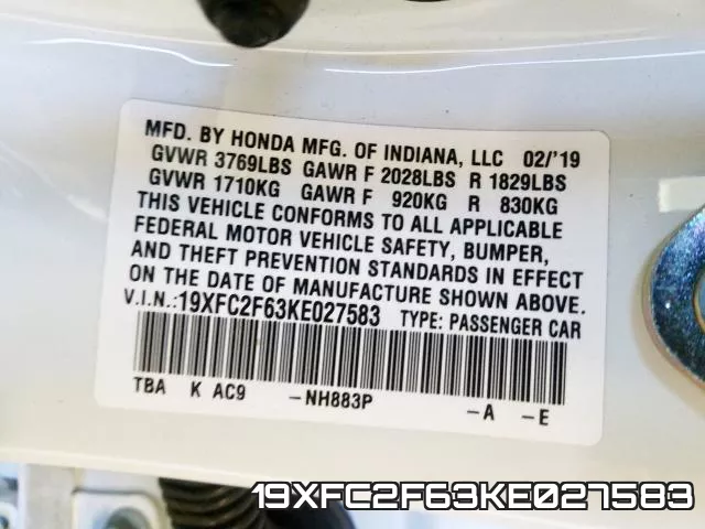 19XFC2F63KE027583 фото 2