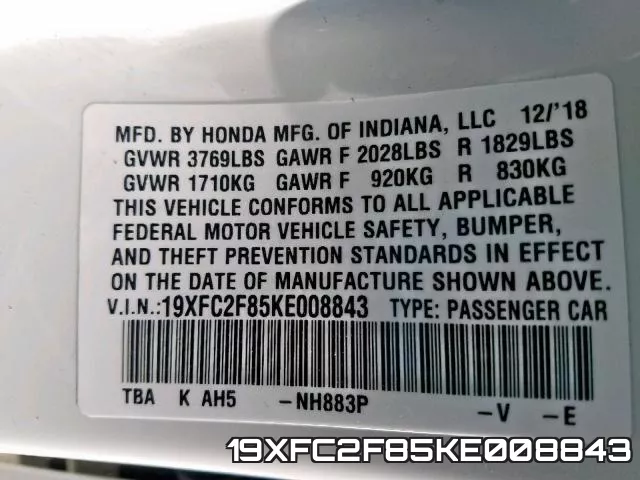 19XFC2F85KE008843 фото 2