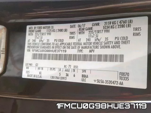 1FMCU0G98HUE37119 фото 2