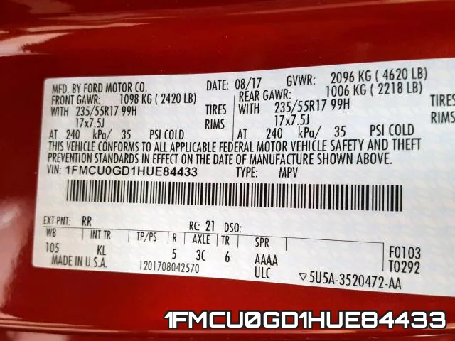 1FMCU0GD1HUE84433 фото 2