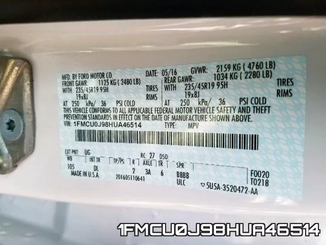 1FMCU0J98HUA46514 фото 2