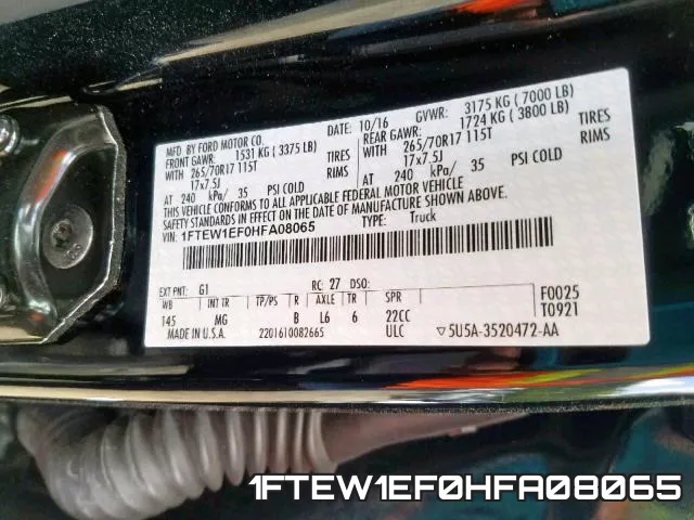 1FTEW1EF0HFA08065 фото 2
