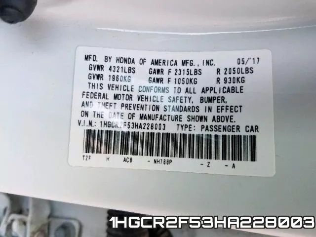 1HGCR2F53HA228003 фото 2